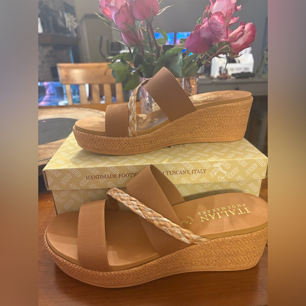 Italian Shoemakers Tan/Brown Braided Espadrille Wedge Slides